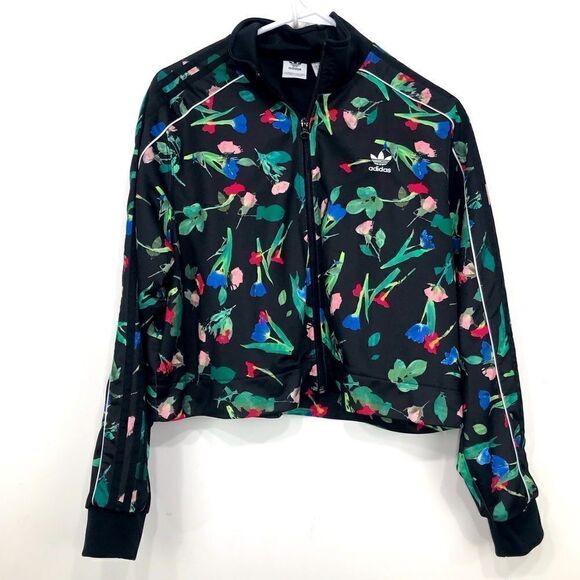 Adidas Originals BELLISTA Black Floral Print Cropped Trefoil Track Jacket - Picture 8 of 16